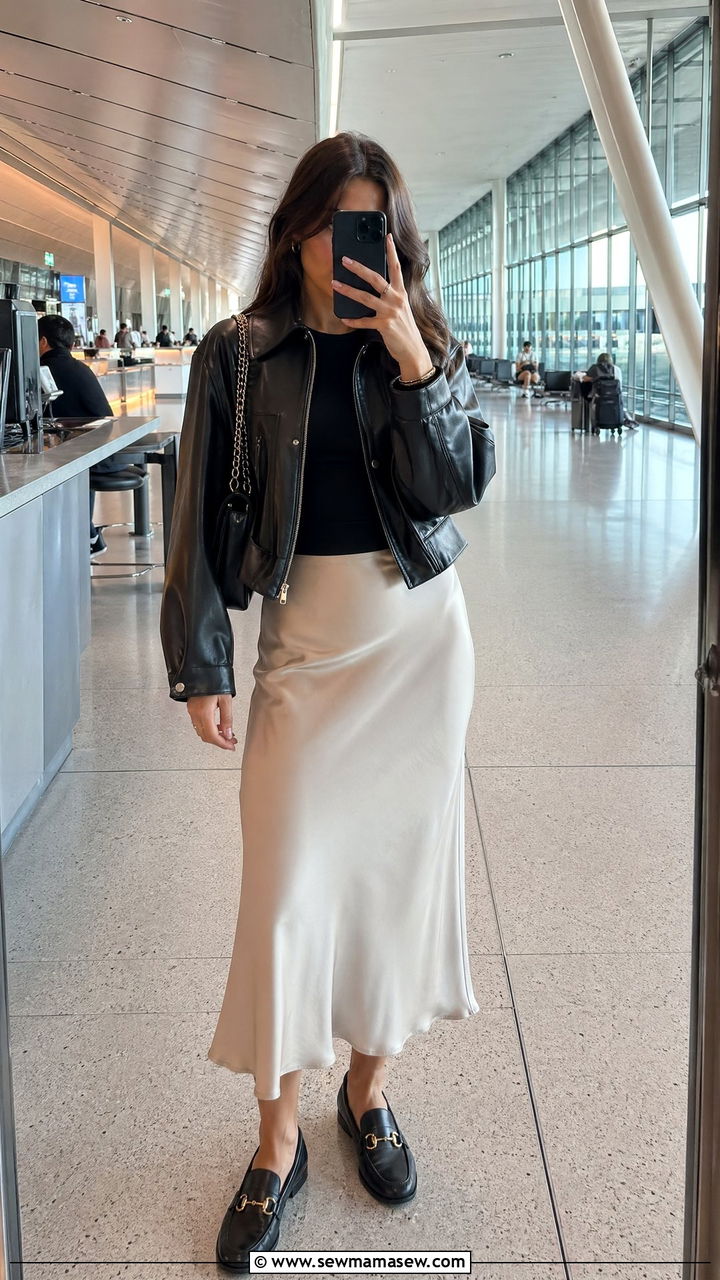 Satin Midi Skirt and Leather Jacket Airport Outfit - 35 Sporty chic outfit ideas for airport
