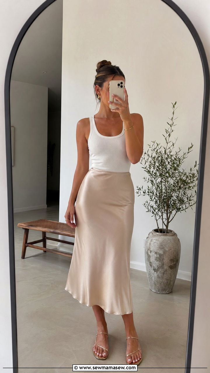 Satin Midi Skirt and White Tank Outfit - 35 Summer wardrobe ideas