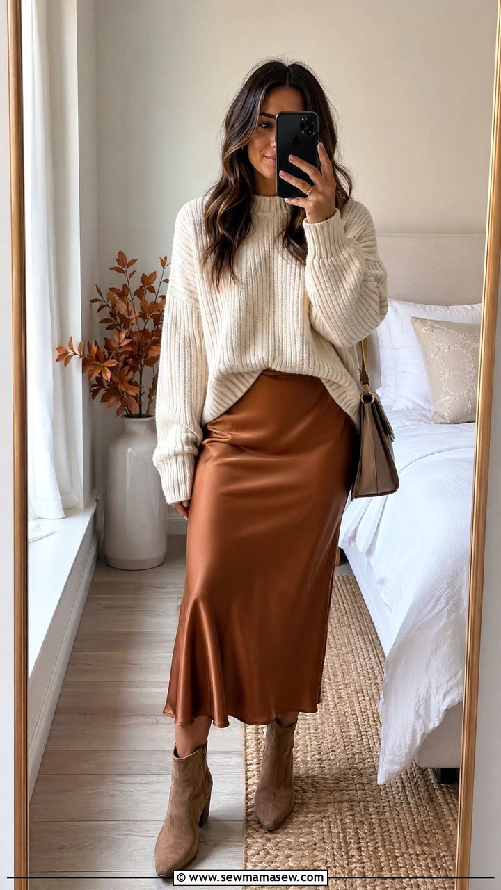 Satin Midi Skirt with Chunky Knit and Ankle Boots - 35 classy outfits