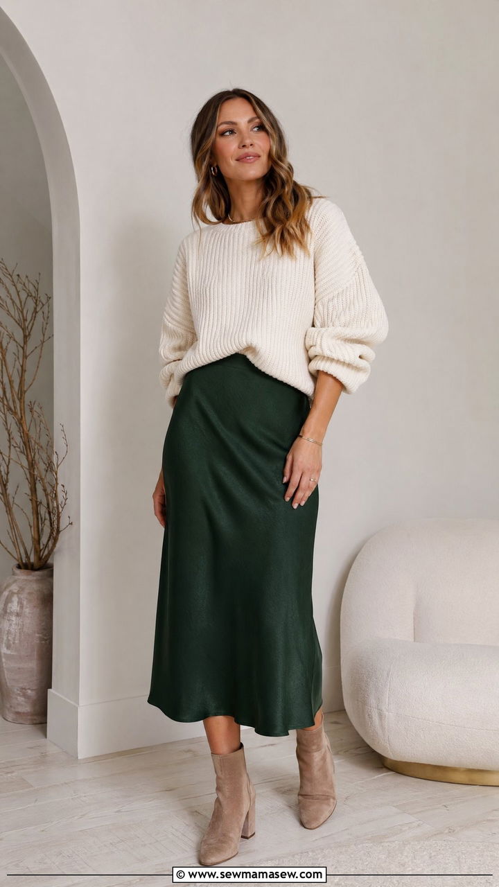 Satin Midi Skirt with Chunky Sweater - 35 Chic mom outfit ideas