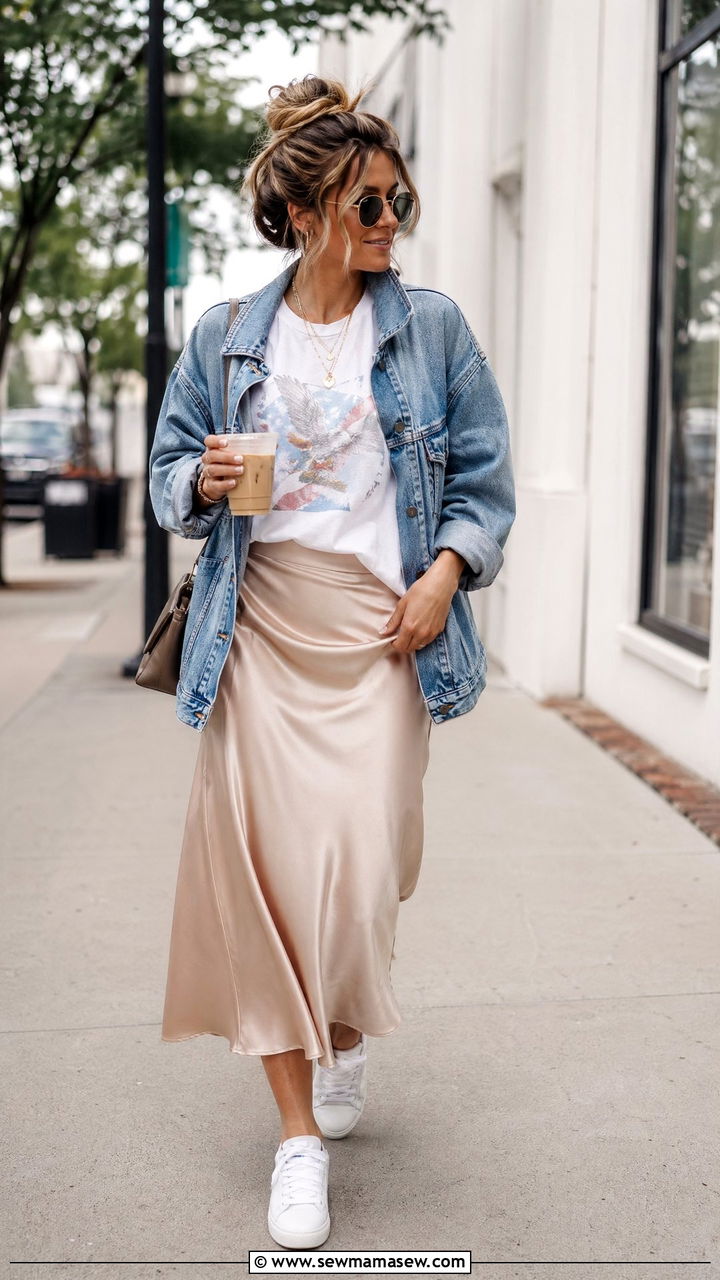 Satin Midi Skirt with Graphic Tee and Denim Jacket - 35 classy spring to summer outfits