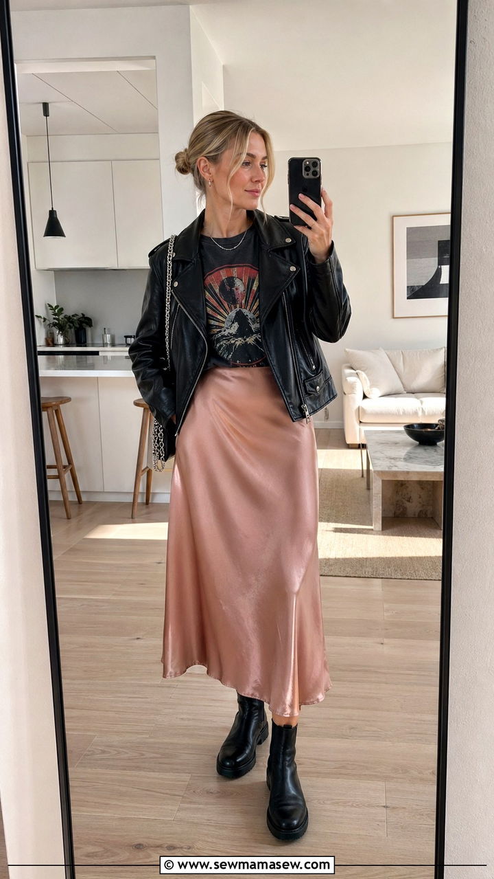 Satin Midi Skirt with Graphic Tee and Leather Jacket - 30 spring europe travel outfit ideas