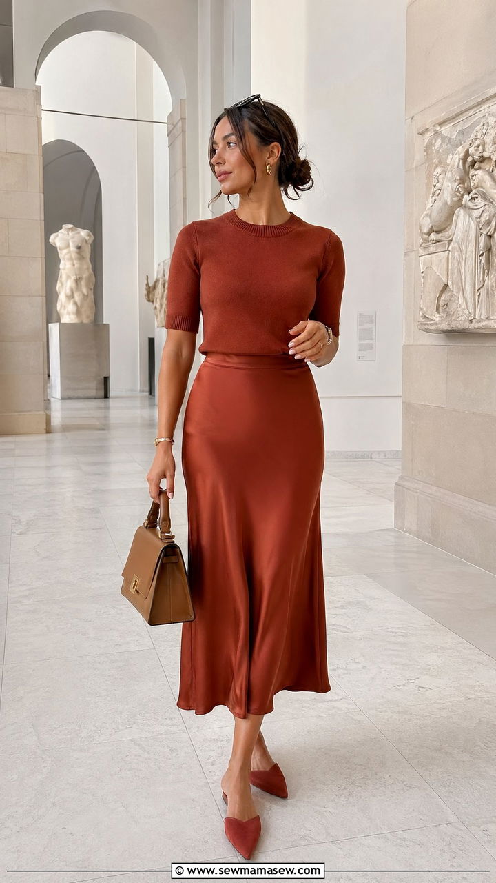 Satin Midi Skirt with Lightweight Knit - 35 Summer outfits with skirts