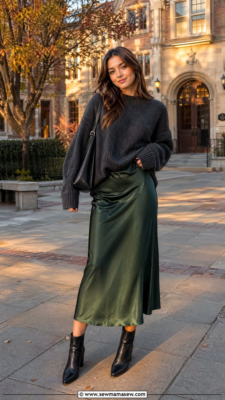 Satin Midi Skirt with Oversized Sweater - 35 college outfits for women