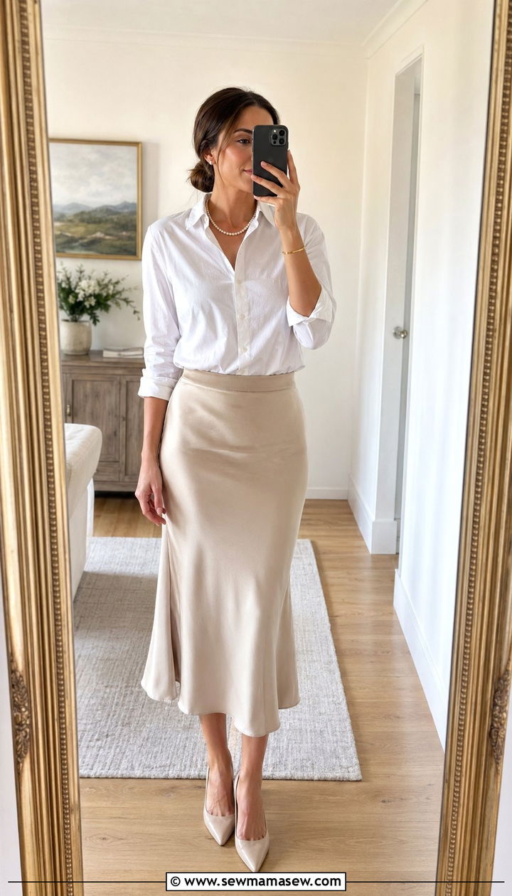 Satin Midi Skirt with White Button Down - 35 Modest outfit ideas old money