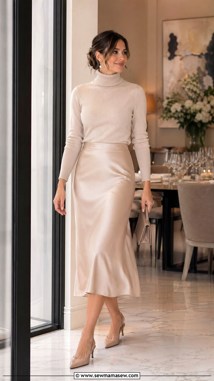 Satin Midi Skirt with a Fine Knit Turtleneck and Slingback Heels - 35 workwear outfit ideas for women