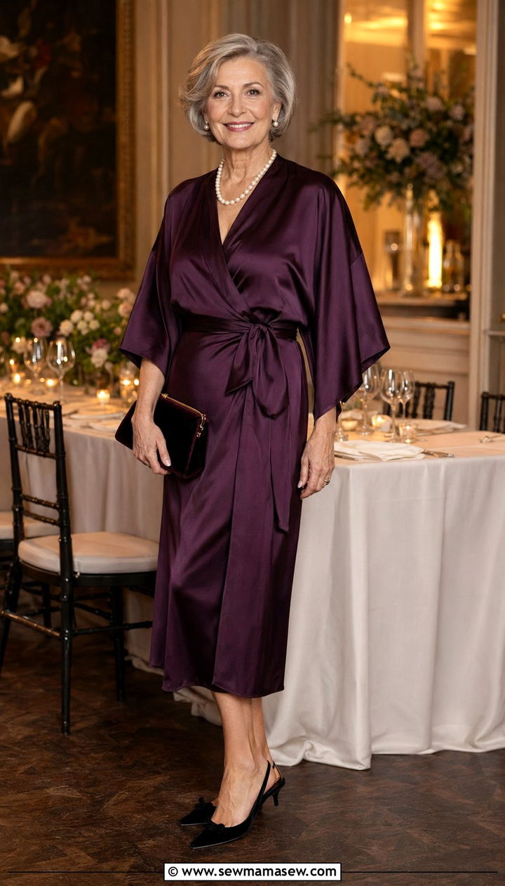 Satin Midi Wrap Dress with Pearl Accessories - 30 Best dresses for women over 60