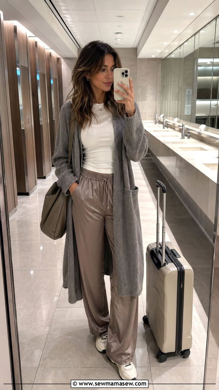 Satin Pants with Cardigan Airport Outfit - 30 airport outfits aesthetic