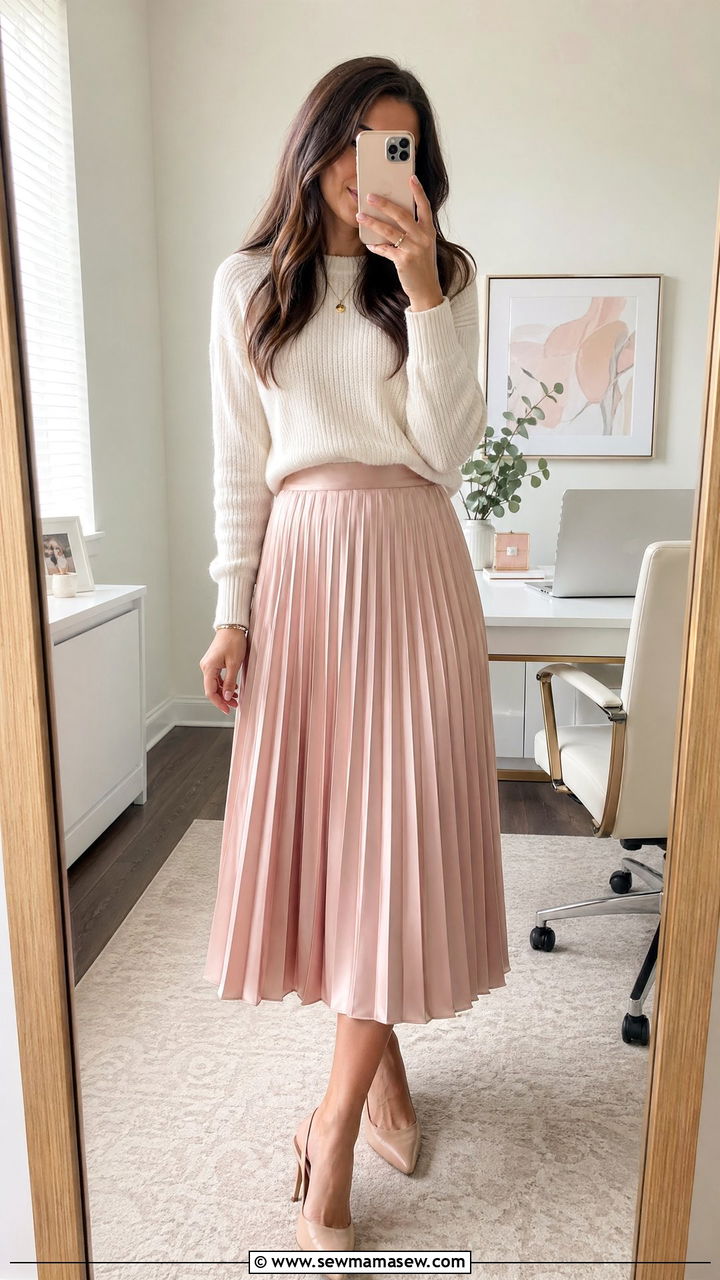 Satin Pleated Midi Skirt With A Fine Knit Sweater - 35 Cute work outfits for women