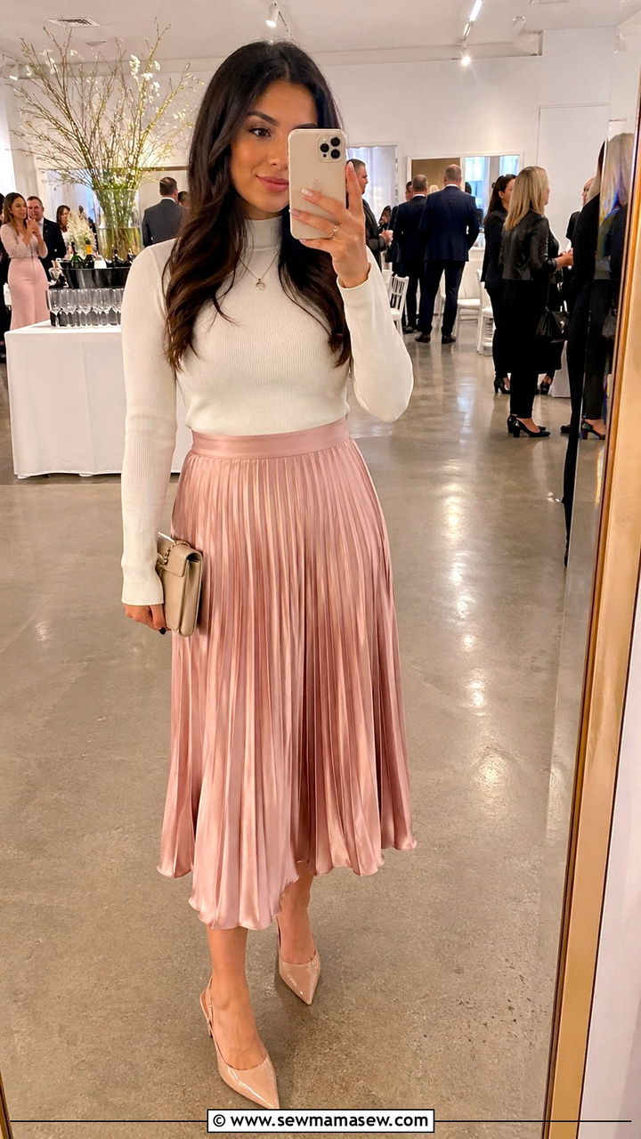 Satin Pleated Midi Skirt With Knit Top - 30 spring office party outfit ideas