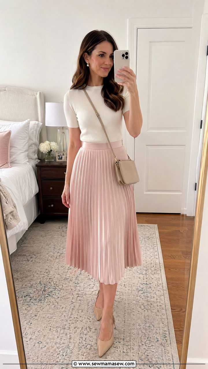 Satin Pleated Midi Skirt and Knit Top - 35 spring business casual outfit ideas