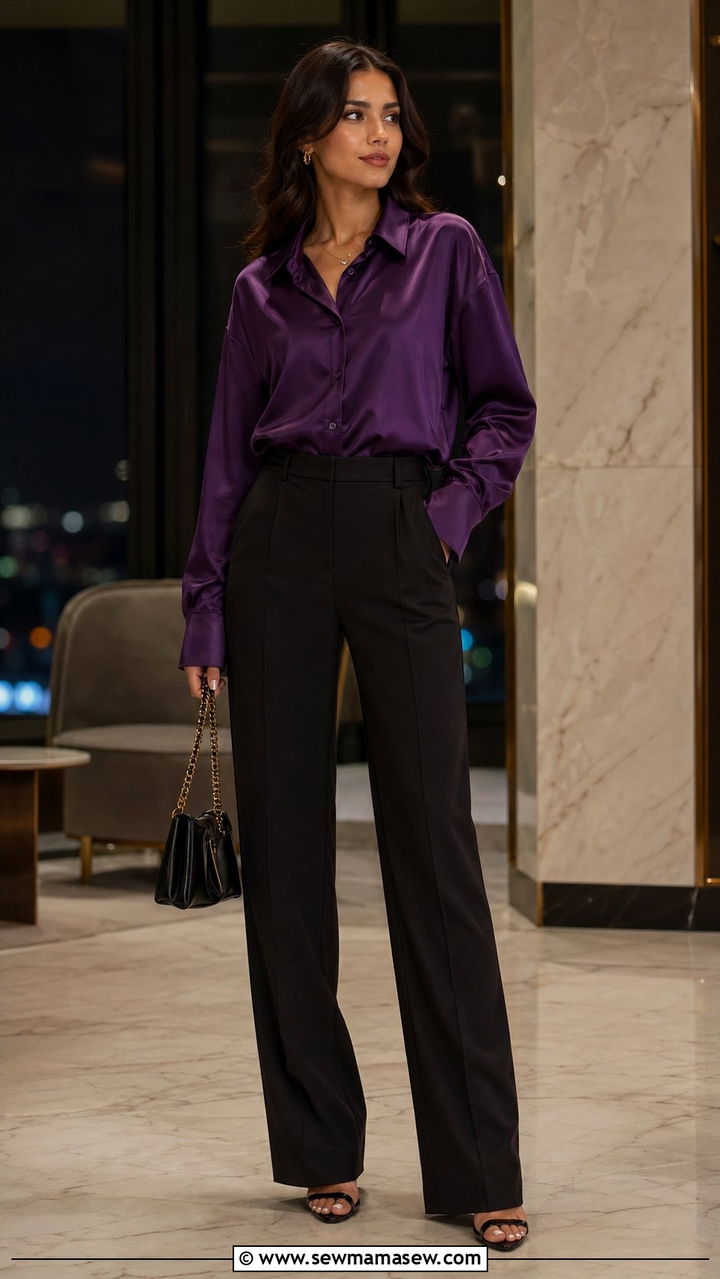 Satin Purple Shirt and Tailored Black Trousers Modest Outfit - 35 modest classy outfits aesthetic