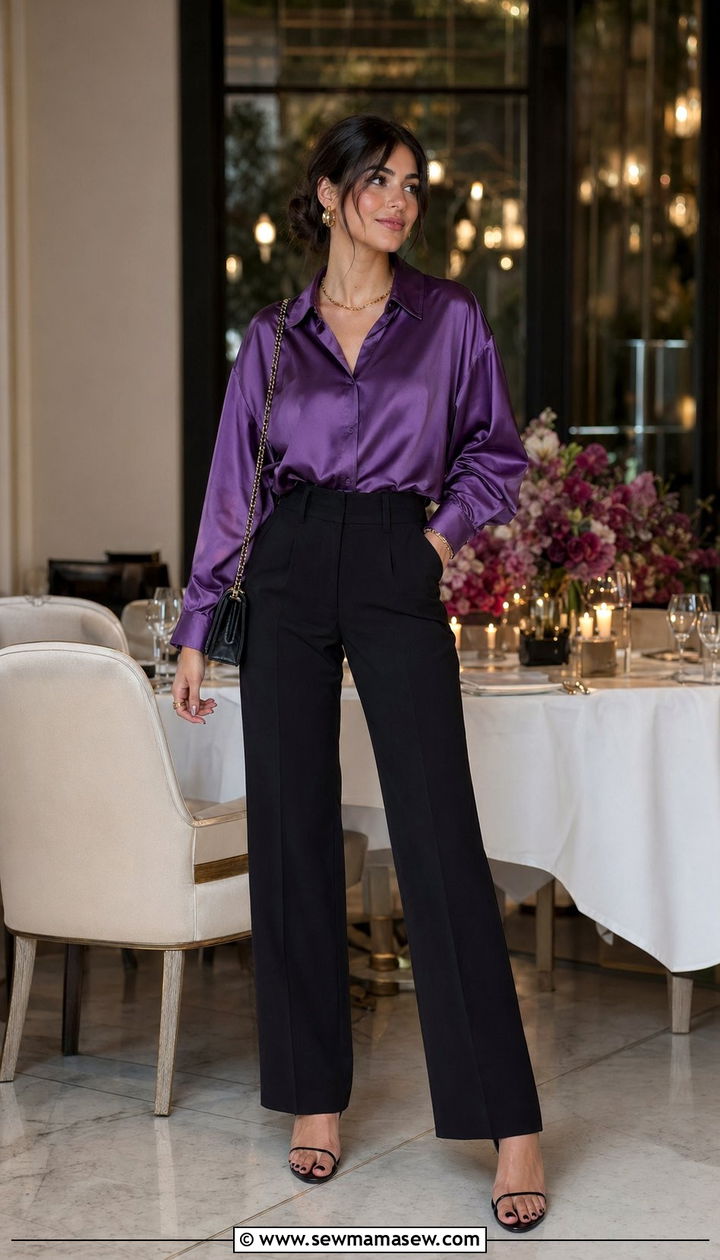 Satin Purple Shirt and Tailored Black Trousers - 35 modest classy outfits