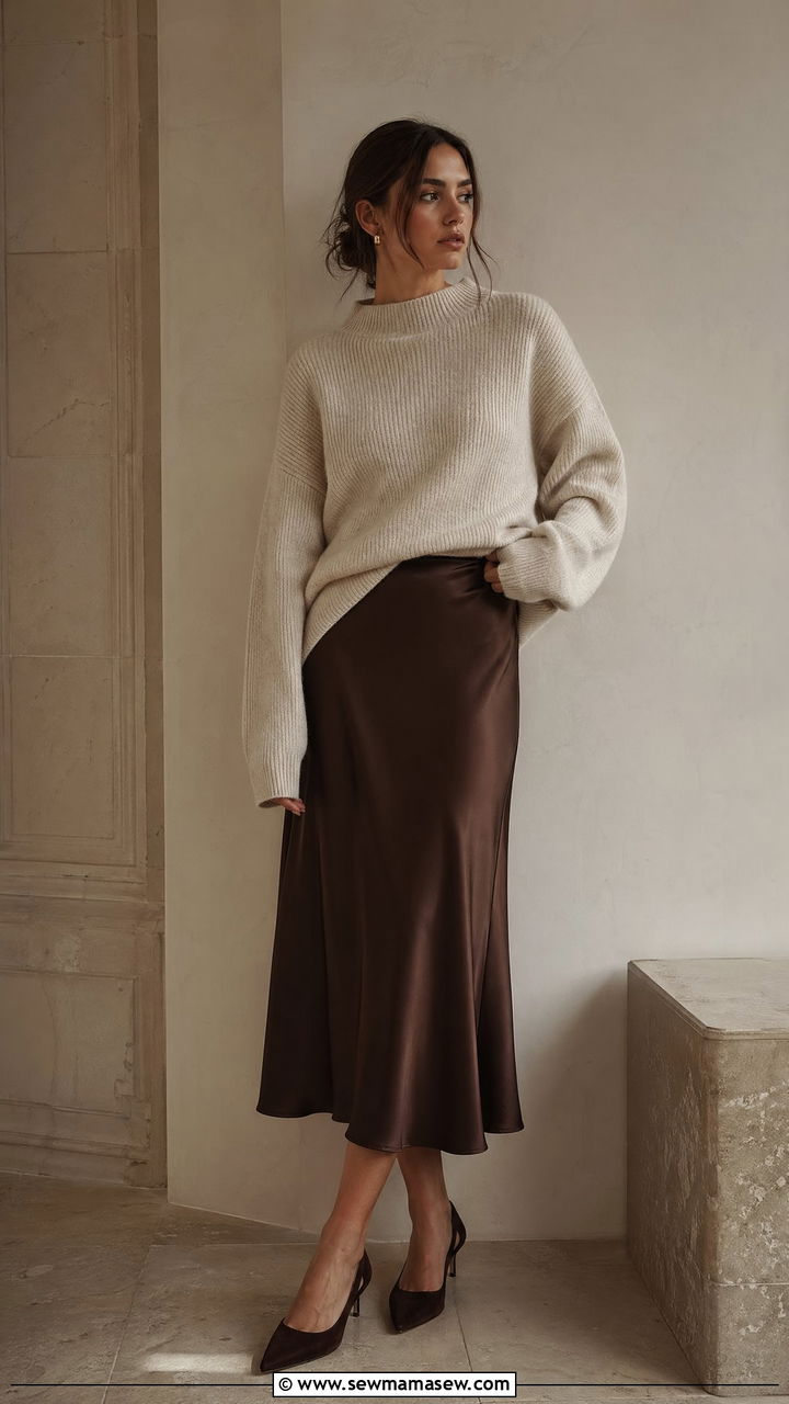 Satin Skirt And Oversized Knit Copenhagen Outfit - 35 Copenhagen outfits ideas