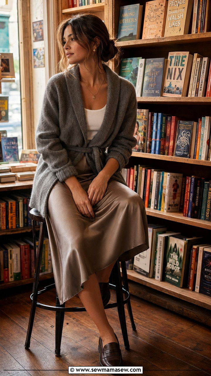 Satin Skirt With Belted Cardigan - 35 satin skirt outfit ideas for women