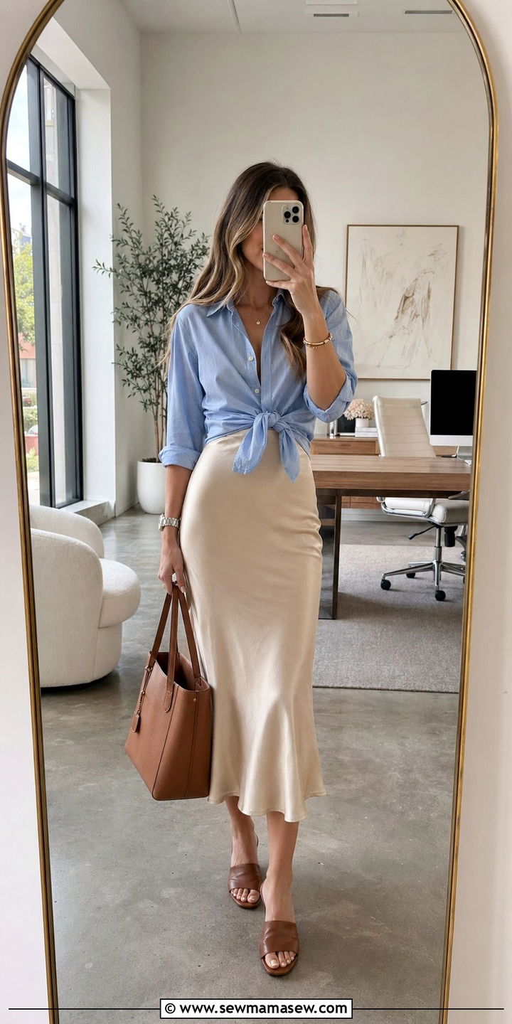 Satin Skirt With Button Down Shirt - 35 satin skirt outfit ideas for women