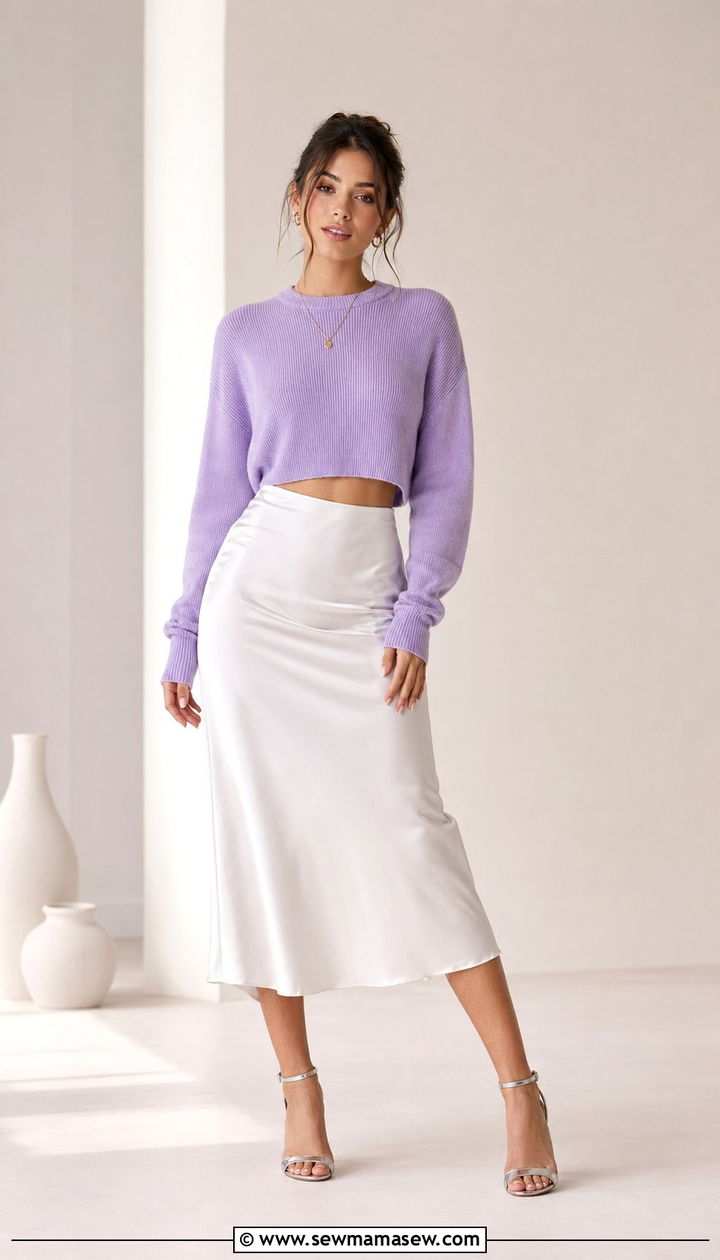Satin Skirt With Cropped Sweater And Ankle Strap Heels - 35 satin skirt outfit ideas for women