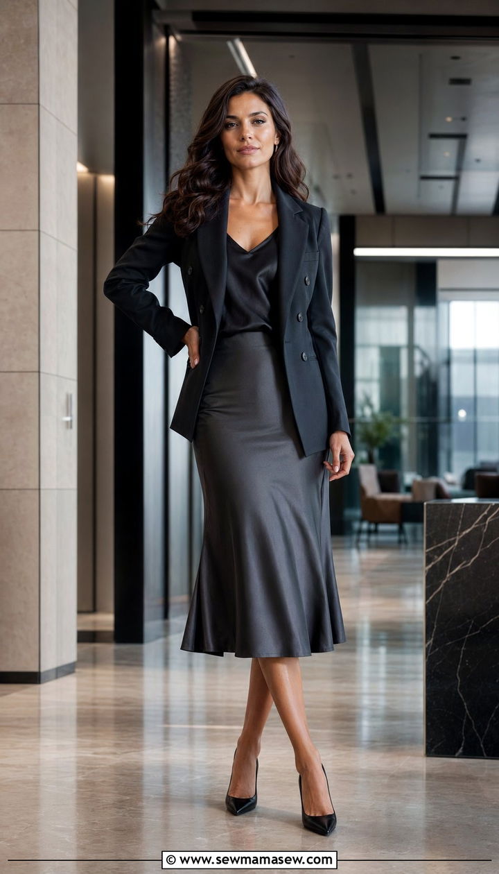 Satin Skirt With Double Breasted Blazer - 35 satin skirt outfit ideas for women