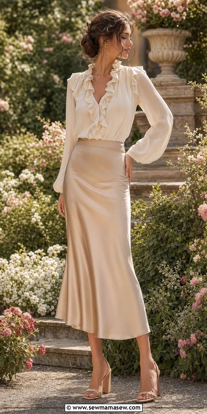 Satin Skirt With Ruffle Blouse - 35 satin skirt outfit ideas for women