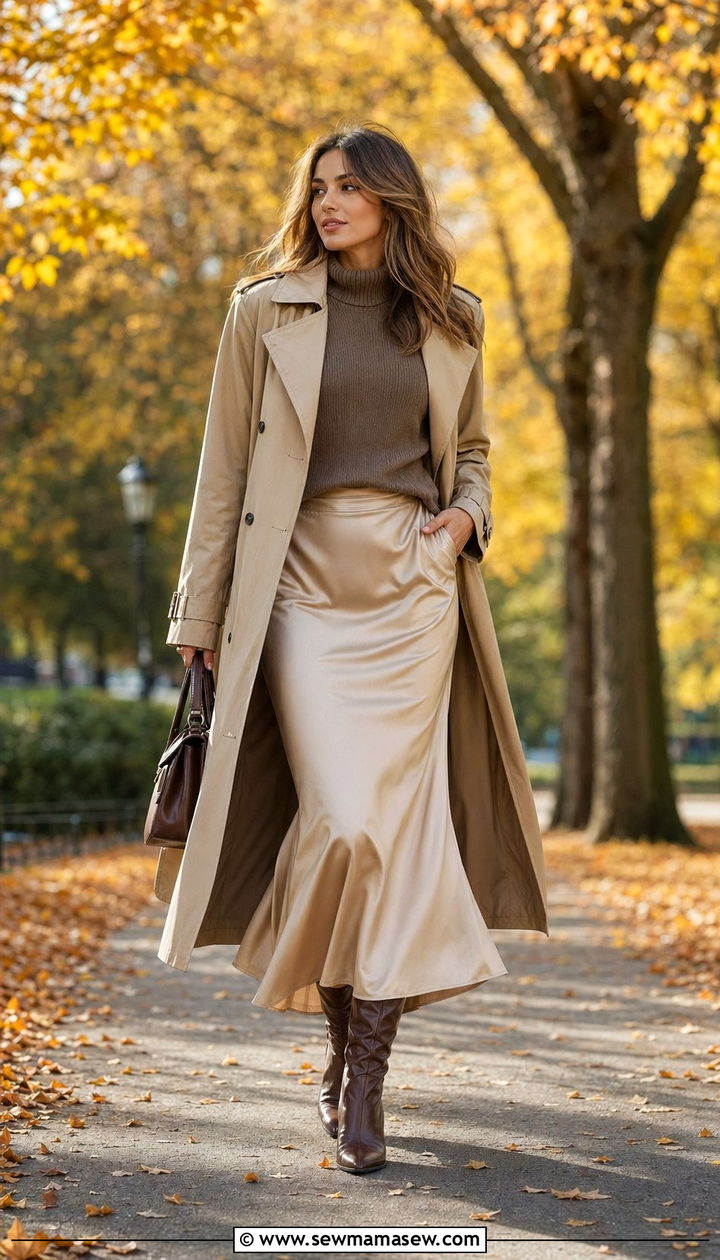 Satin Skirt With Trench Coat - 35 satin skirt outfit ideas for women