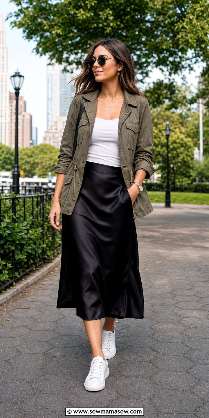 Satin Skirt With Utility Jacket - 35 satin skirt outfit ideas for women