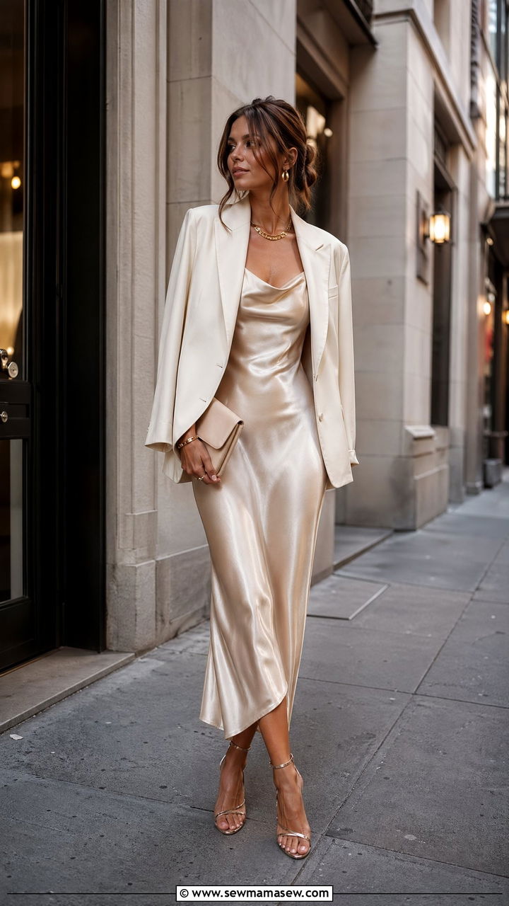 Satin Slip Dress Outfit With Oversized Blazer And Strappy Heels - 35 classy dress outfits