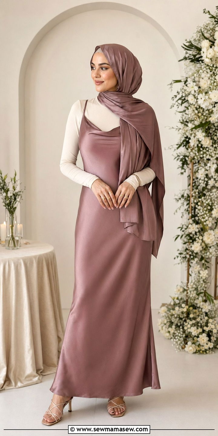 Satin Slip Dress Styled Modestly With Hijab - 30 wedding guest outfits for hijab women