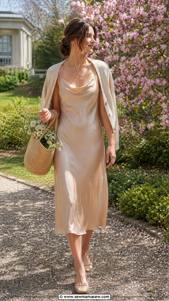 Satin Slip Dress With Ballet Flats and Basket Bag - 35 spring outfit ideas for women