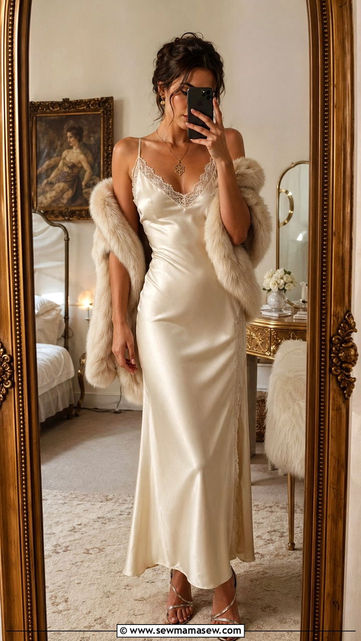 Satin Slip Dress With Faux Fur Stole - 35 Old Hollywood outfit ideas