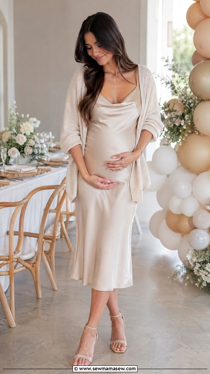 Satin Slip Dress With Lightweight Cardigan And Heeled Sandals - 35 Summer baby shower outfits