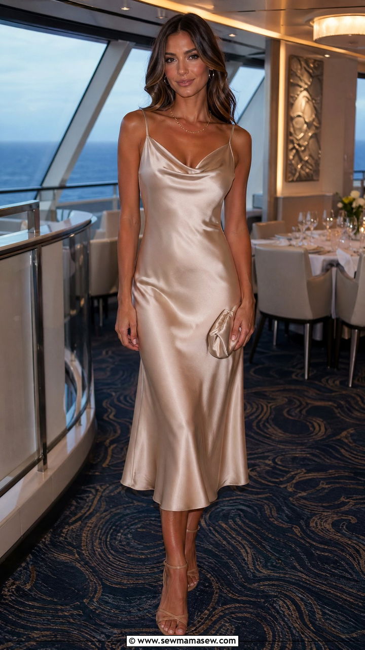 Satin Slip Dress With Strappy Heels - 35 Cruise dinner outfit ideas