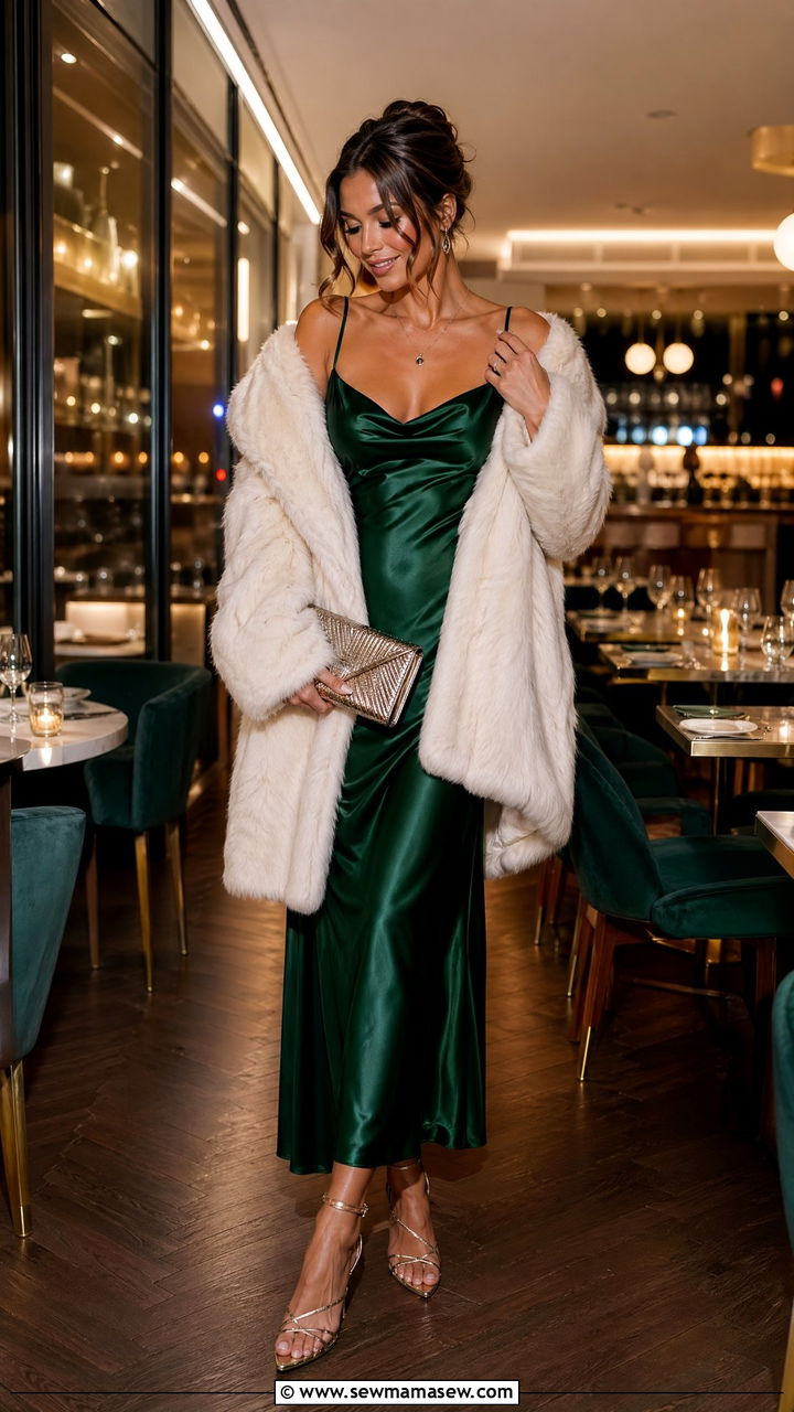 Satin Slip Dress With a Faux Fur Coat - 35 what to wear to a birthday