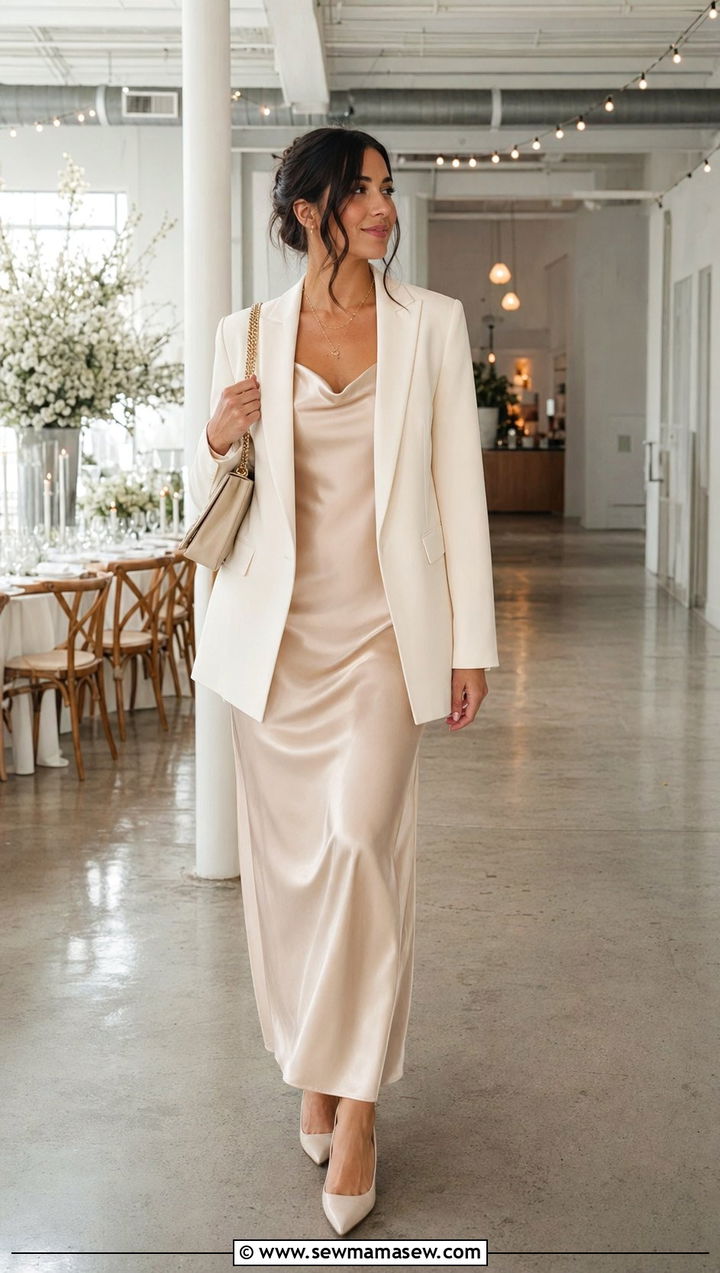 Satin Slip Dress with Blazer Wedding Guest Outfit - 30 Wedding guest outfits for pear shape