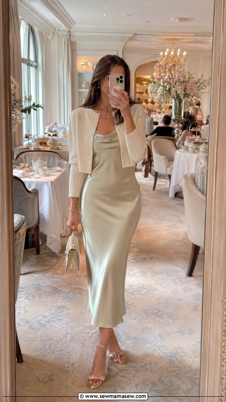 Satin Slip Dress with Cropped Cardigan - 35 spring bridal shower outfit ideas
