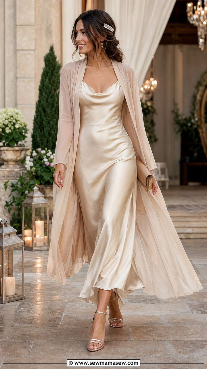 Satin Slip Dress with Duster Jacket for Rectangle Wedding Guest - 30 wedding guest outfits for rectangle body shape