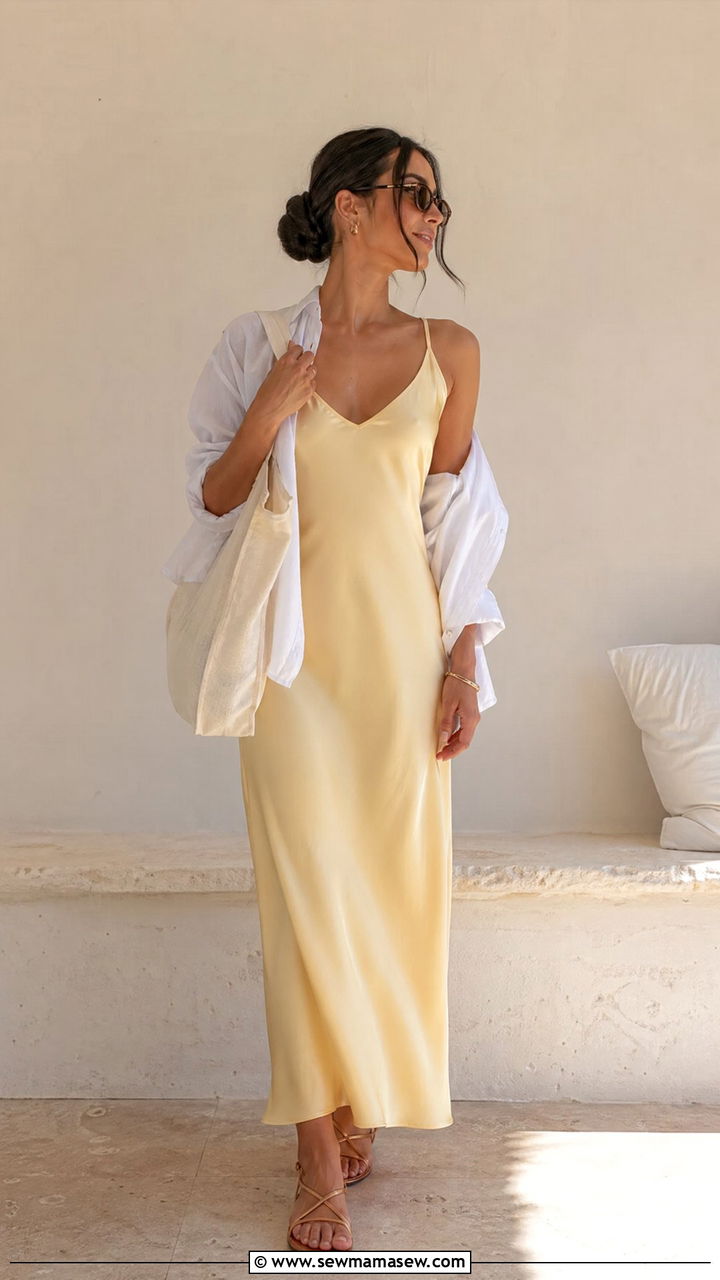 Satin Slip Dress with Flat Strappy Sandals - 35 classy summer outfit ideas