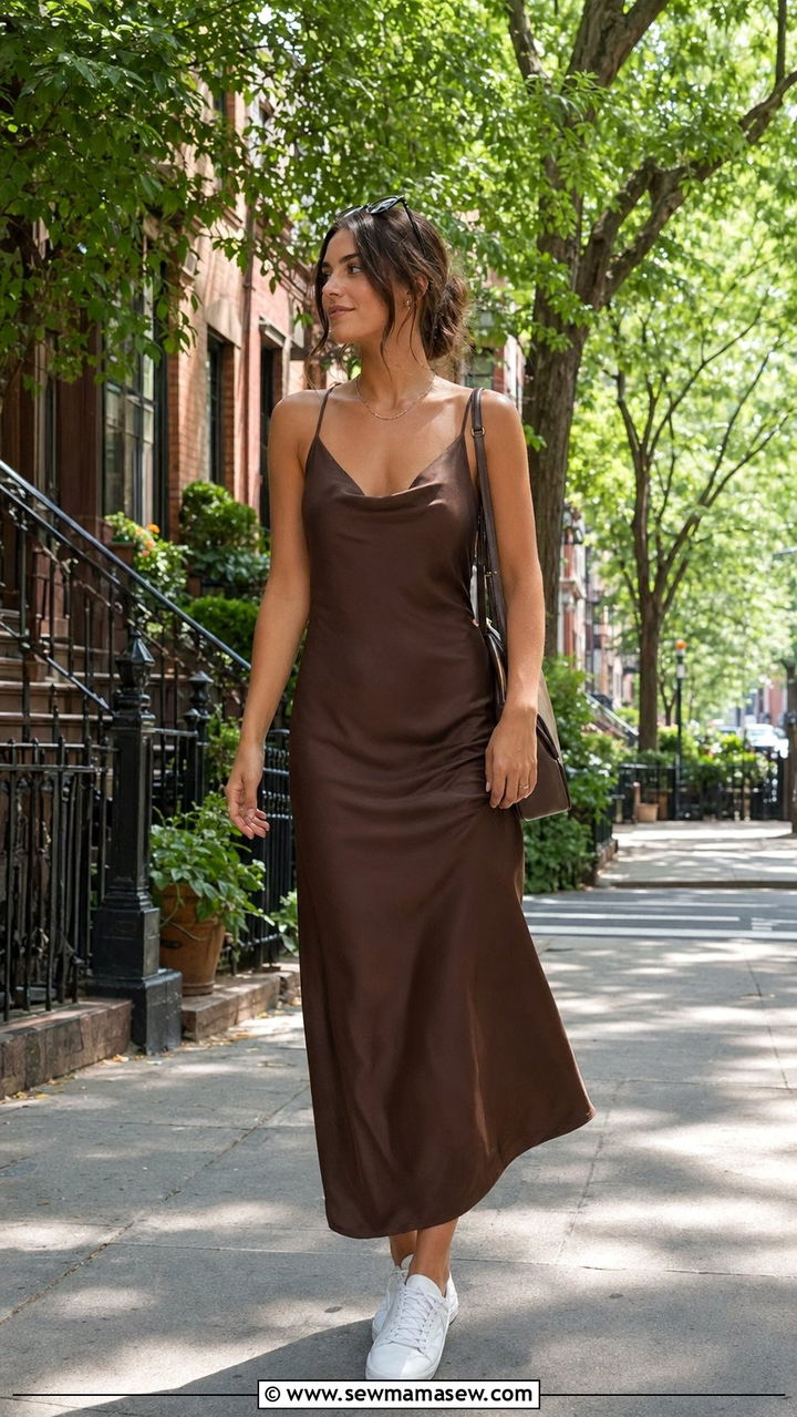 Satin Slip Dress with White Sneakers - 35 New York summer outfit ideas