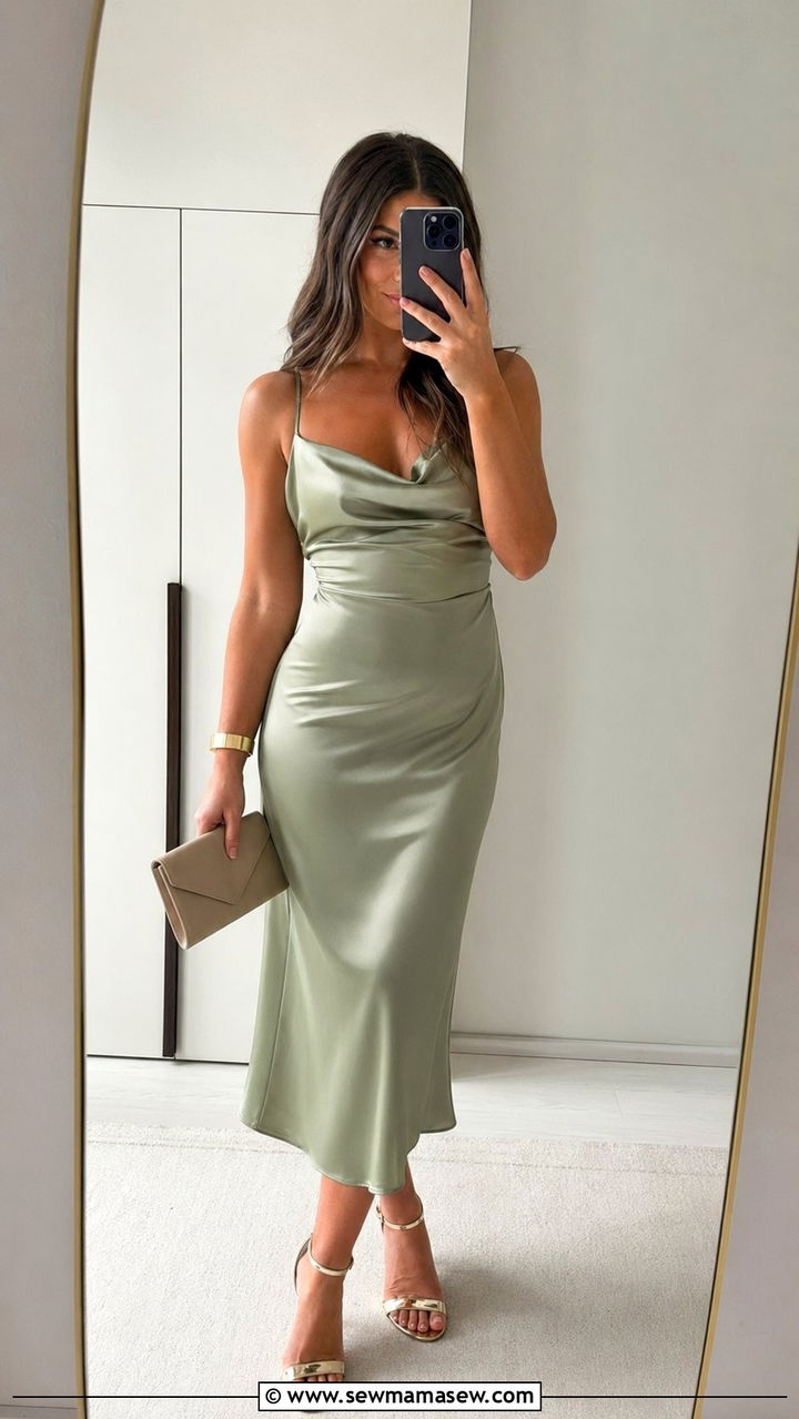 Satin Slip Midi Dress and Metallic Heels - 30 what to wear to a summer wedding guest