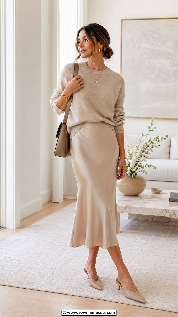 Satin Slip Midi Skirt and Cashmere Sweater Outfit - 35 transitional classy outfit ideas