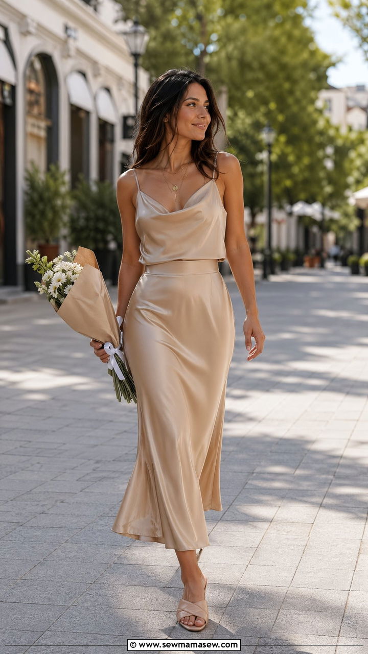 Satin Slip Skirt Camisole Top and Heeled Mules - 35 classy graduation outfits
