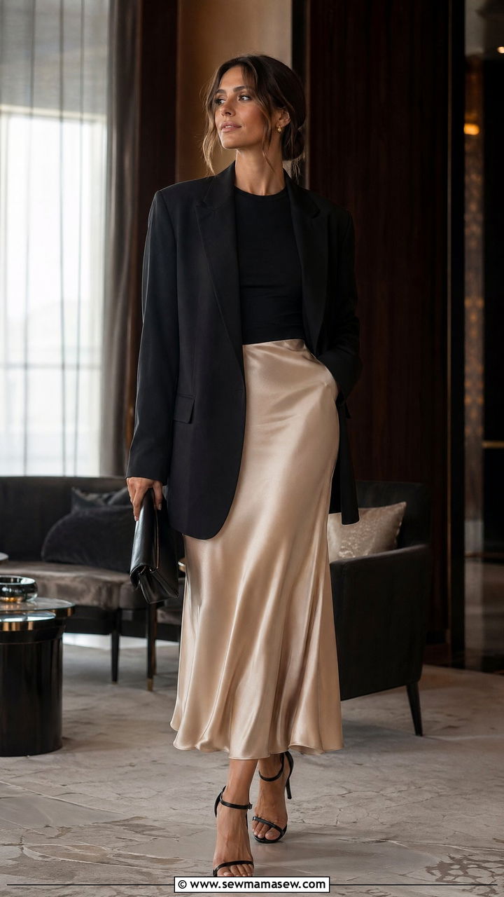 Satin Slip Skirt With An Oversized Blazer - 35 Conference outfit ideas