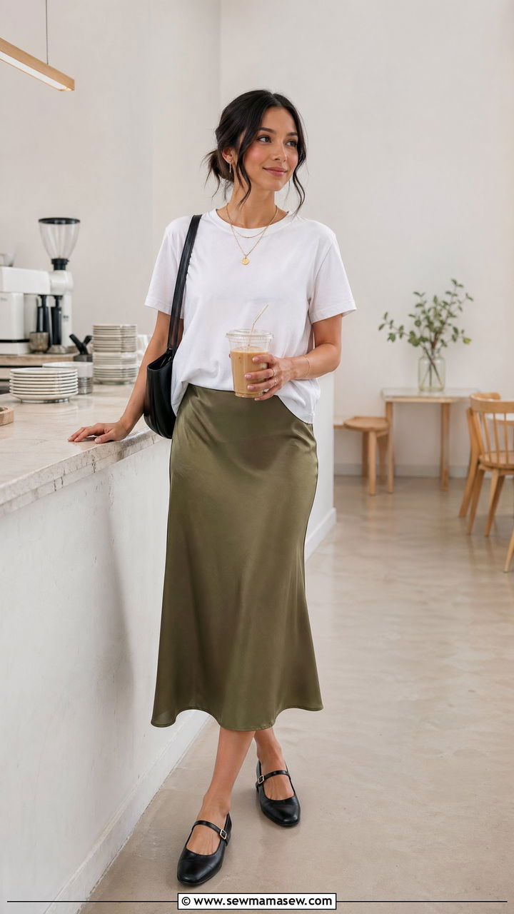 Satin Slip Skirt With Boxy Tee - 35 spring office casual outfit ideas