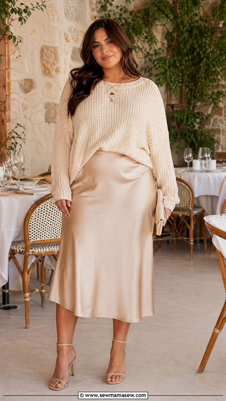 Satin Slip Skirt With Chunky Knit Sweater Outfit - 35 Spring capsule wardrobe plus size