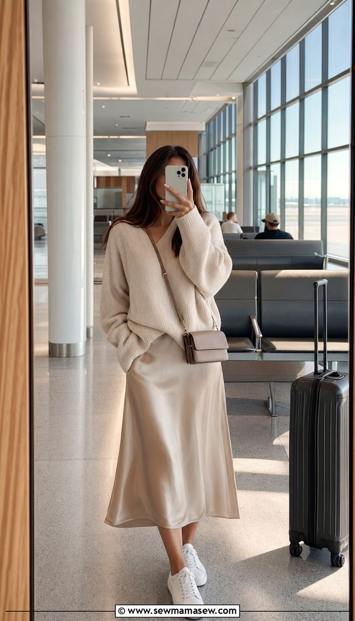 Satin Slip Skirt With Oversized Sweater - 30 airport outfits Pinterest