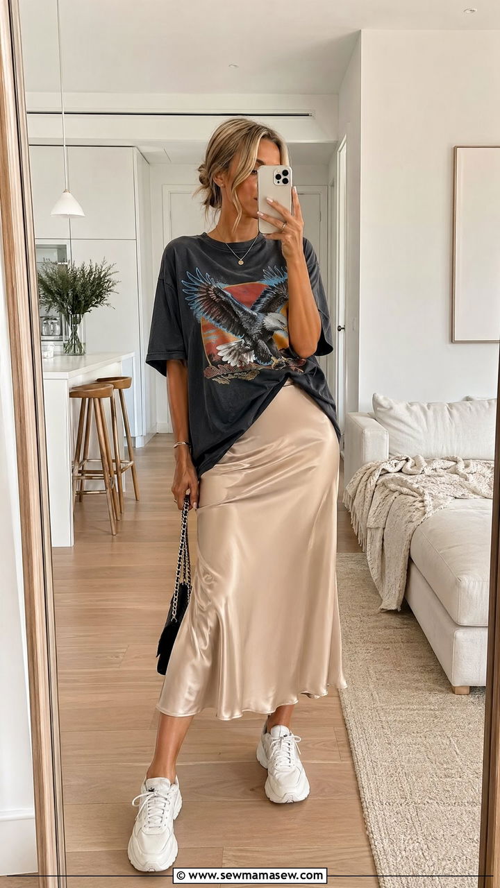 Satin Slip Skirt With an Oversized Graphic Tee and Sneakers - 35 Summer to fall transition outfits
