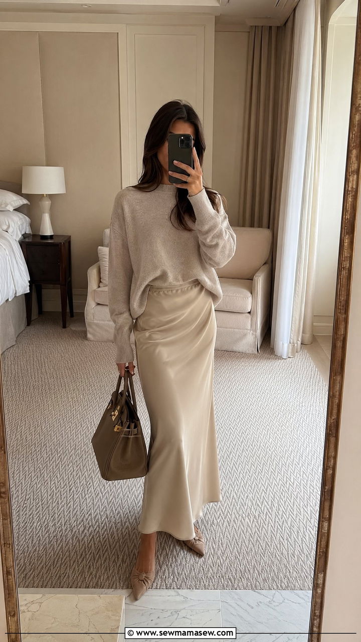 Satin Slip Skirt with Cashmere Sweater - 35 travel outfit ideas for women