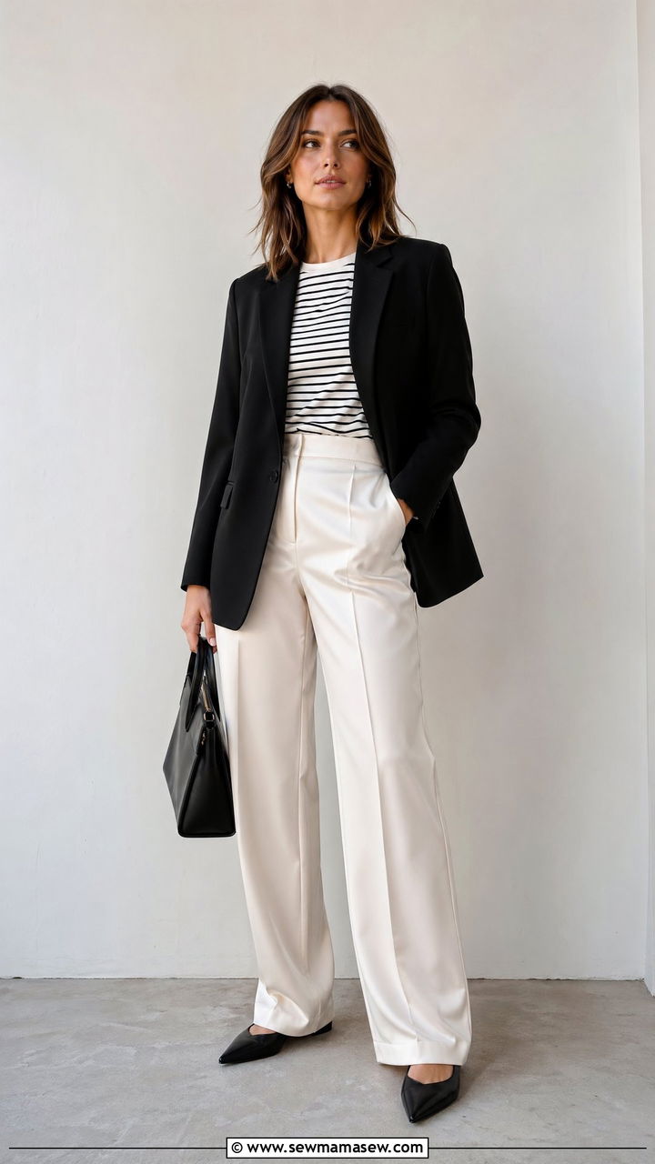 Satin Trousers With a Striped Tee and Blazer - 35 transitional outfit ideas for women