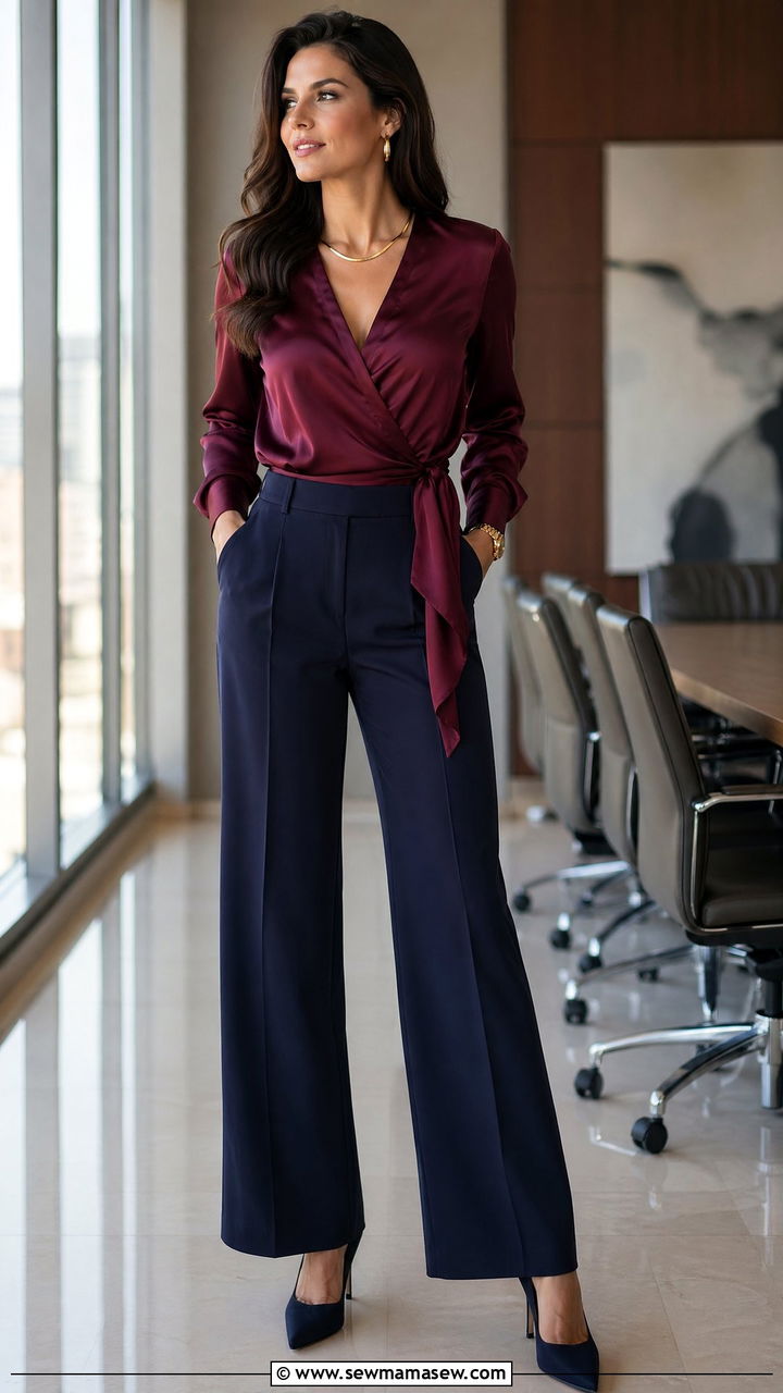 Satin Wrap Blouse with Navy Wide Leg Pants - 35 what to wear to the office