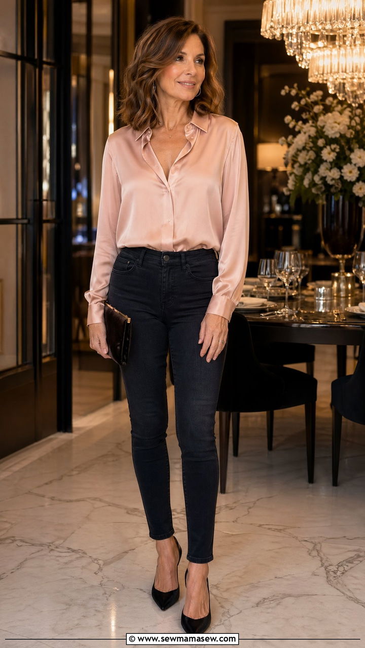 Satin blouse and dark denim jeans - 35 Classy outfits for women over 40