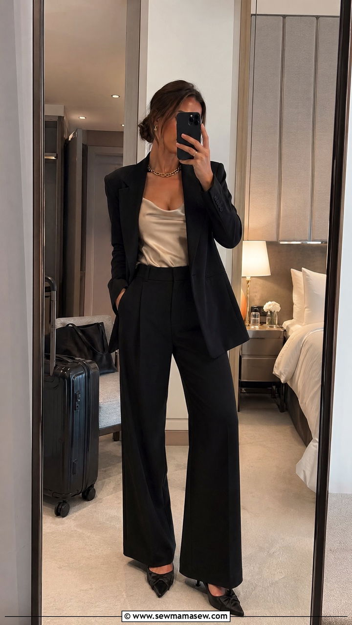 Satin camisole with blazer and wide leg trousers - 35 classy travel outfit ideas